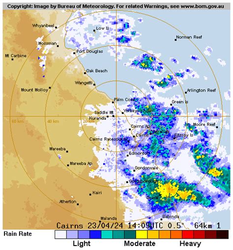 The radar has good visibility in all directions, though does have some limitations to the SSE looking over Mt Bellenden Ker (1593m) and Mt Bartle Frere (1622m) at approximately 40 and 60km respectively. . 64 km cairns radar loop